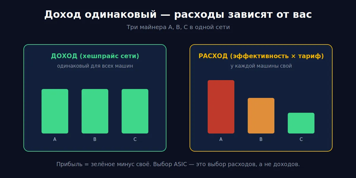 Доход одинаковый, расходы зависят от эффективности и тарифа