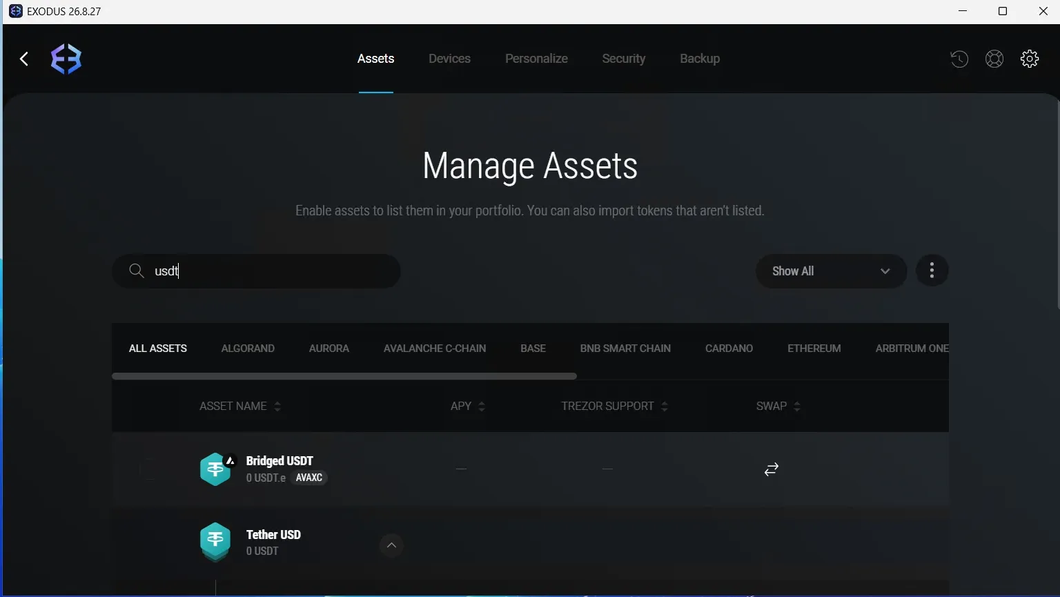 Поиск и добавление монеты в портфель Exodus