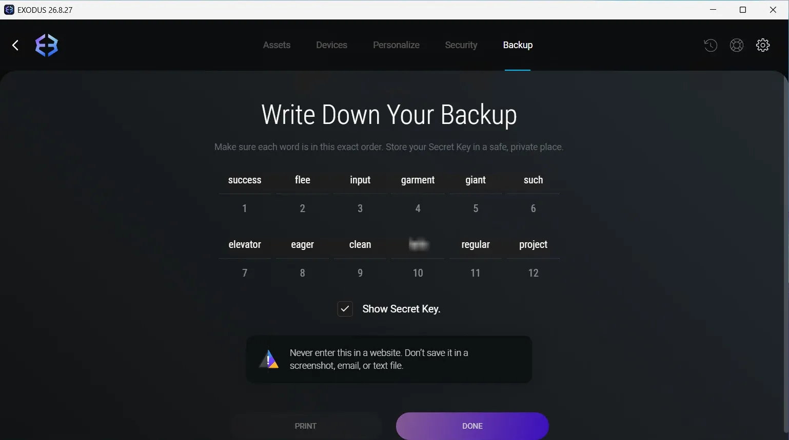Экран seed-фразы при создании кошелька в Exodus