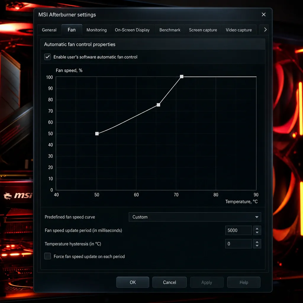 Пользовательская кривая вентиляторов в настройках MSI Afterburner