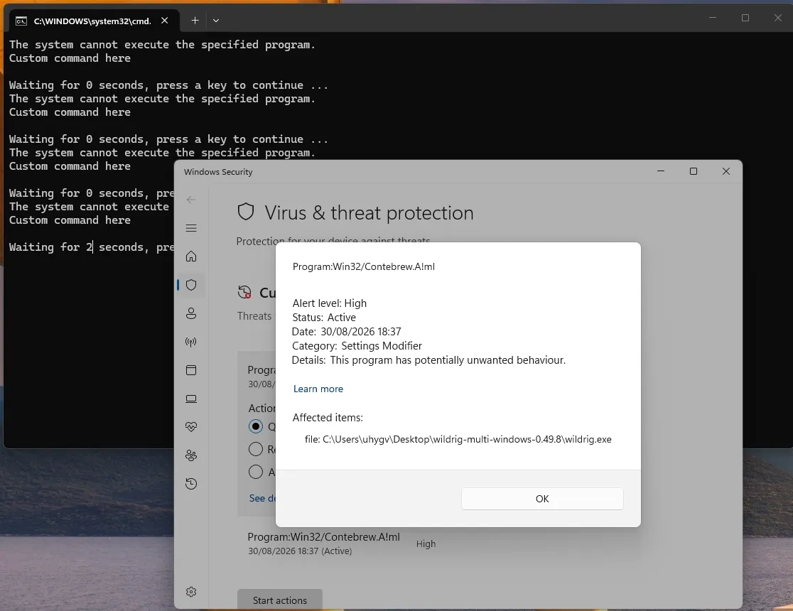 Журнал защиты Windows Defender: заблокированные файлы майнера с меткой CoinMiner