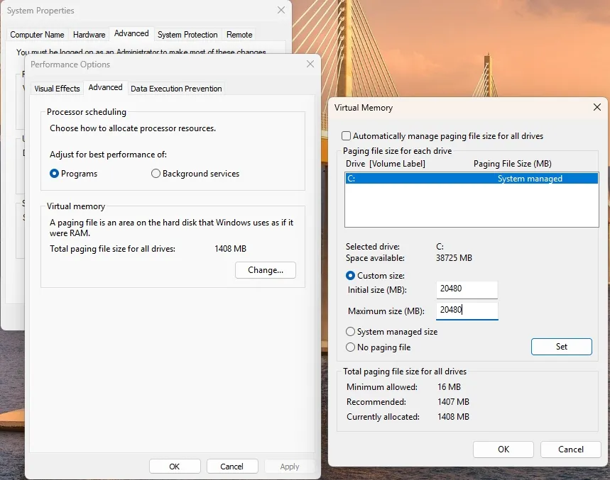 Окно «Виртуальная память» в Windows с выставленными вручную значениями исходного и максимального размера